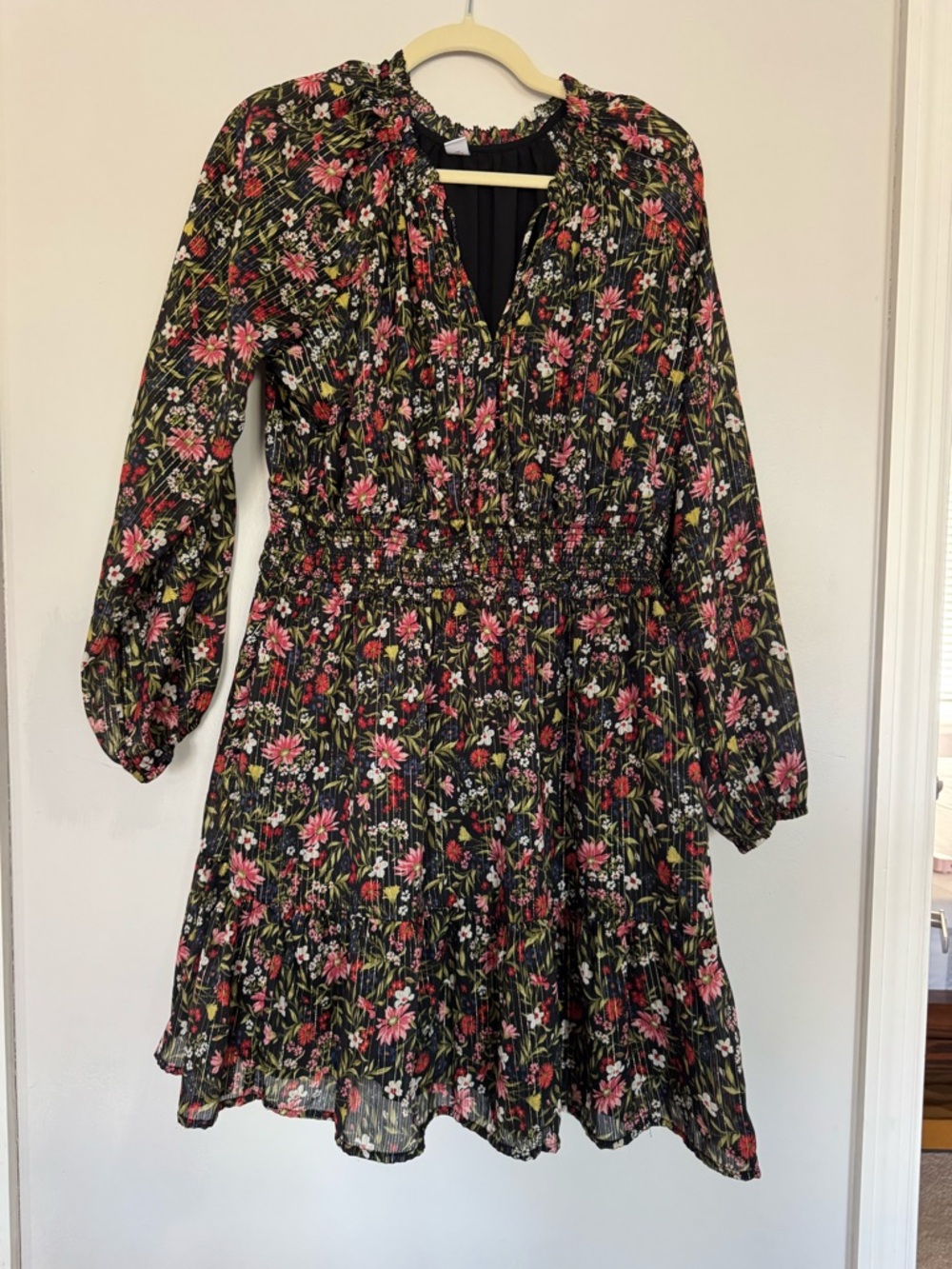 Black Floral Long Sleeve Gold-Threaded Smocked Waist Dress